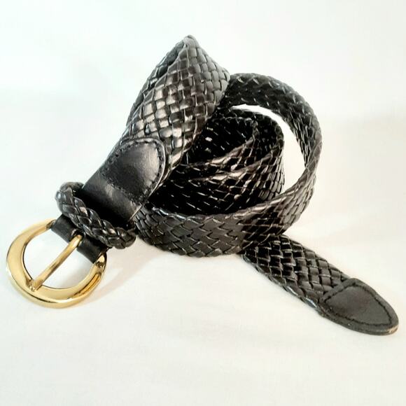 Talbots Basic Black Braided Belt Large Waist Genuine Leather Round Buckle - Picture 1 of 10